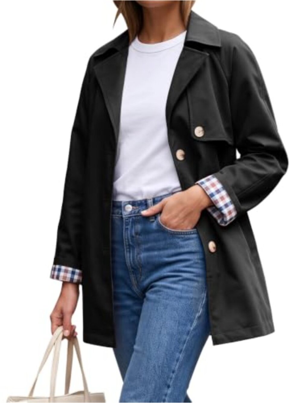 Lightweight Trench Coat Women Long Sleeve Button Windproof Plaid Lining Pockets